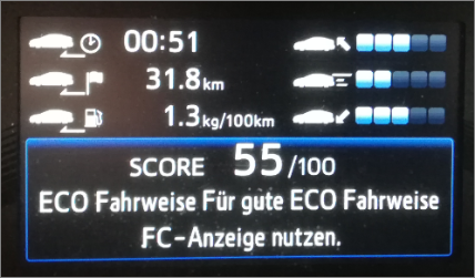 Toyota Mirai Fuel Cell Wasserstoff H2_mortimer hydrochan schulz_armaturen_bordcomputer bildschirm eco fahrweise